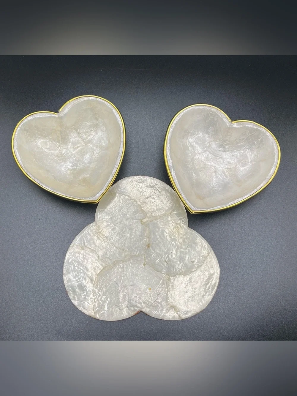 VTG Capiz Shell Heart Trinket Bowls & Plate Set Gold Trim Philippines Cottage